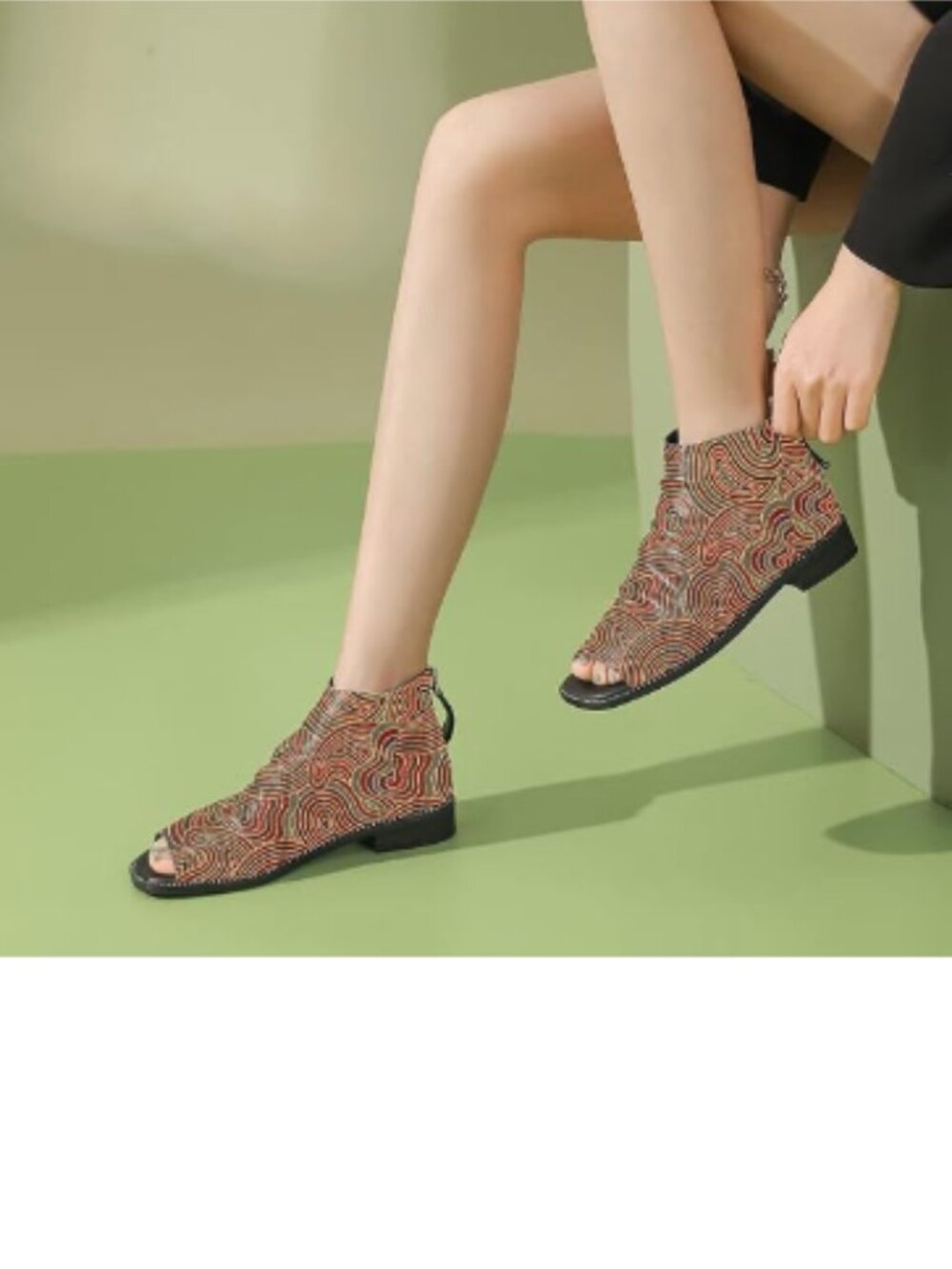 FSJ Geometry Women's Open Toe Slouchy Low Block Heel Ankle Boots